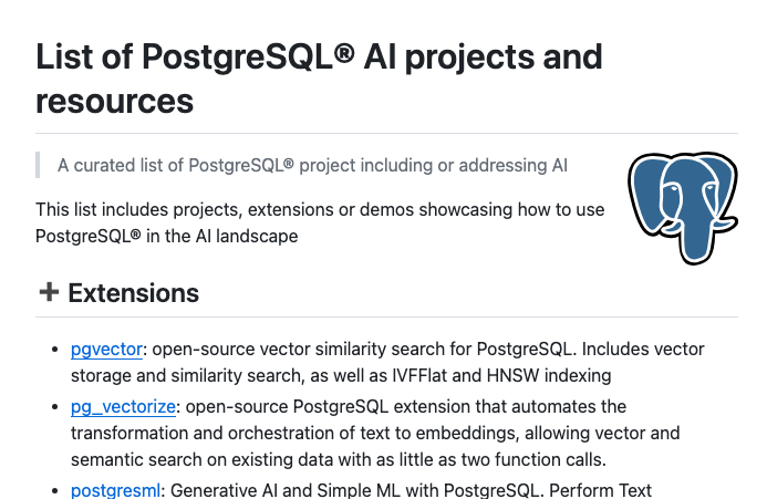 List of PostgreSQL® AI Projects and Resources